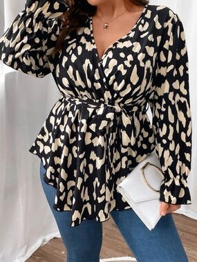 LIKE NEW SHEIN Plus Allover Print Flounce Sleeve Belted Blouse - Sz 0XL (12)